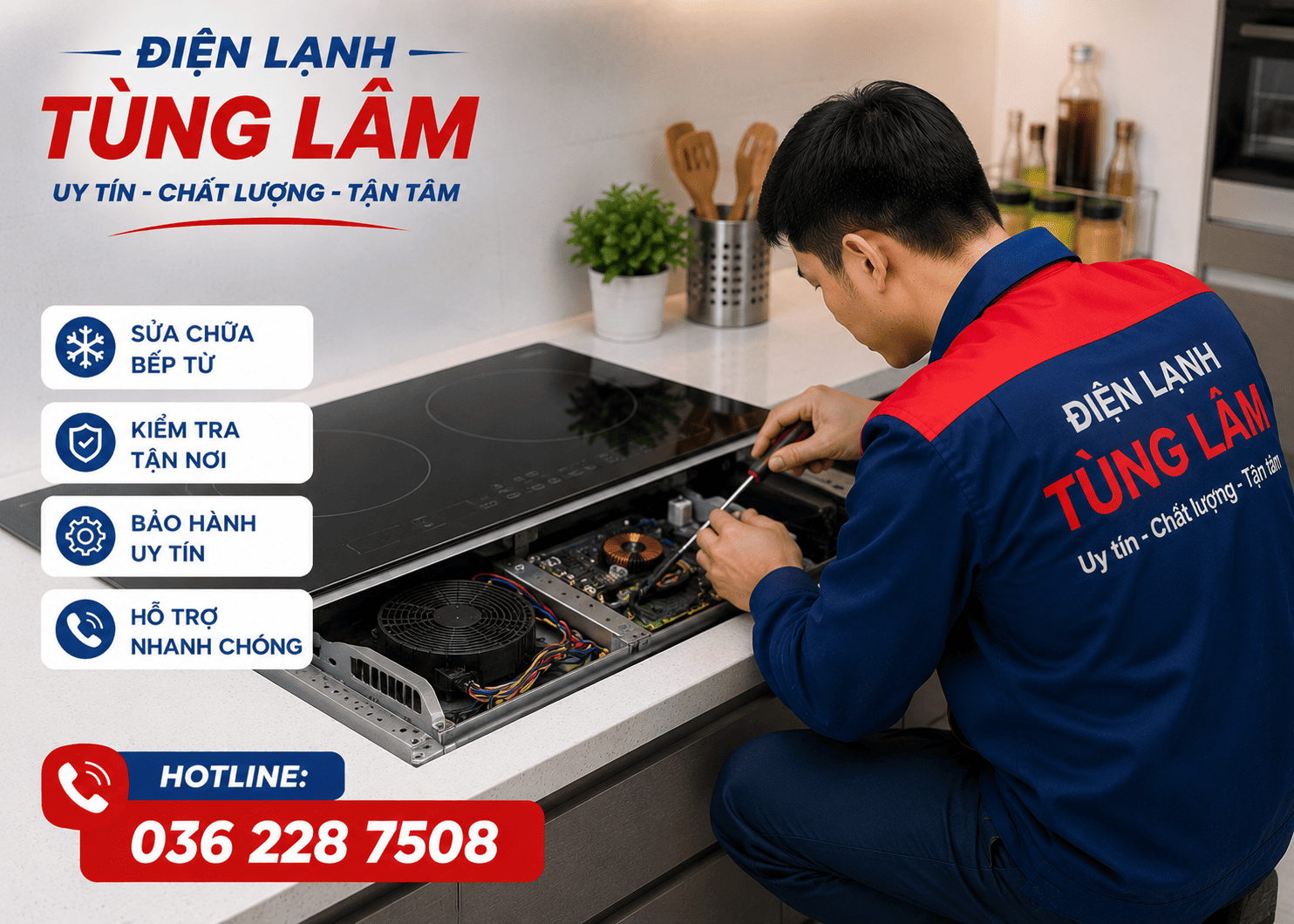 Kỹ thuật viên đang sửa chữa bếp từ trong bếp gia đình