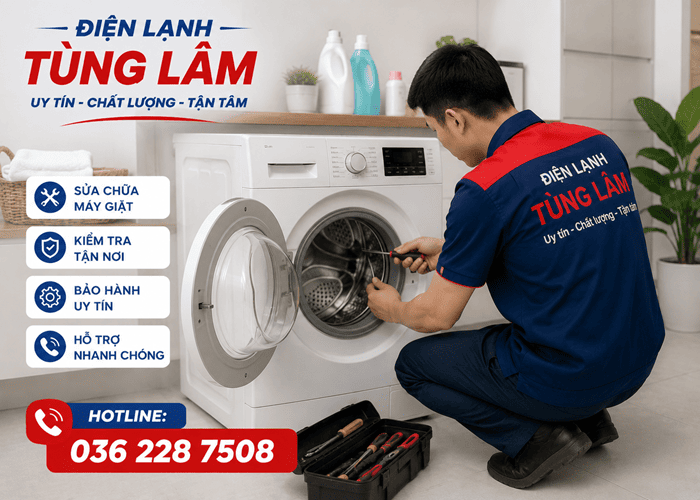 Kỹ thuật viên đang sửa chữa máy giặt tại nhà