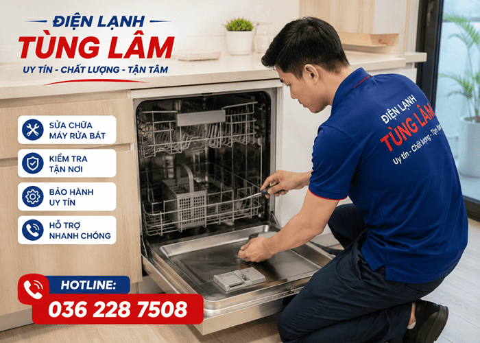 Máy rửa bát đang được kỹ thuật viên kiểm tra và sửa chữa