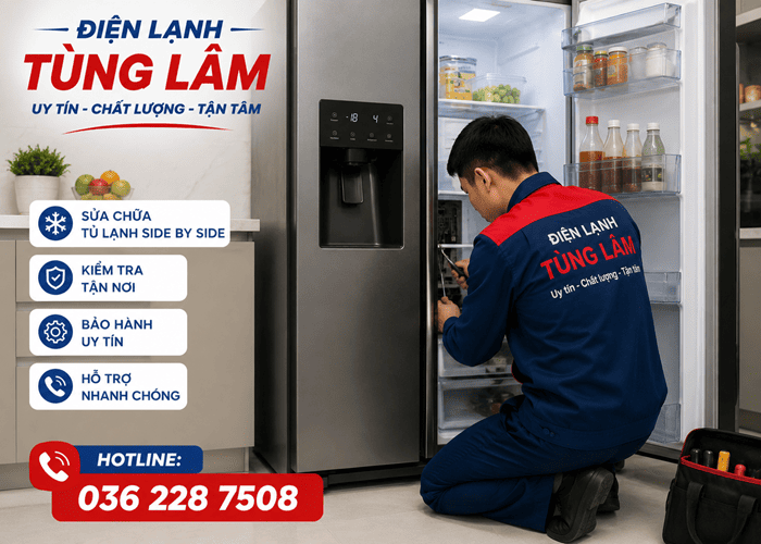 Kỹ thuật viên đang kiểm tra và sửa chữa tủ lạnh tại nhà